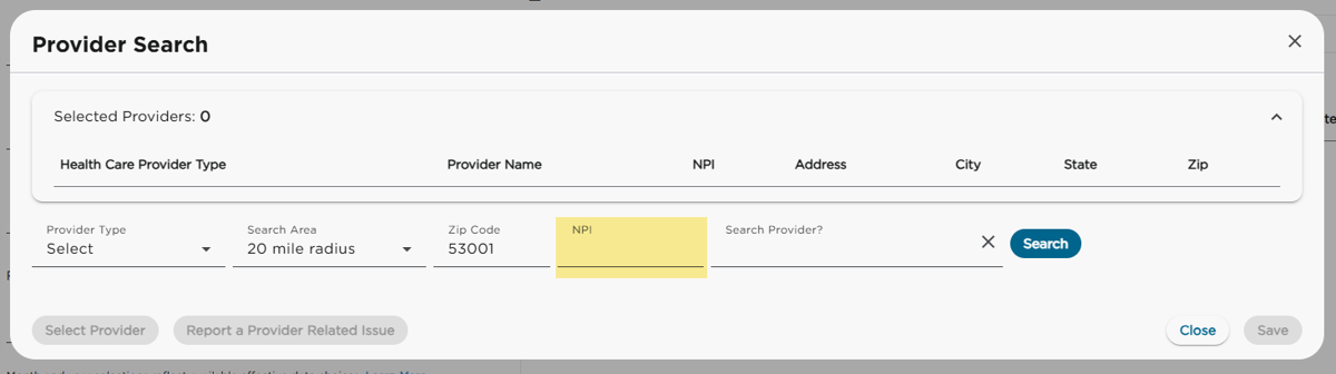 Add the NPI in provider search
