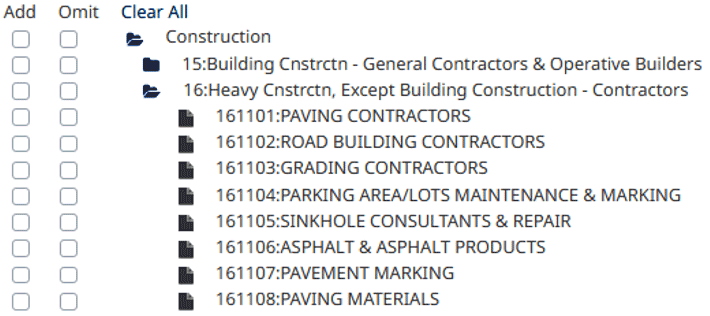 USADATA industry filters show that selecting “Construction” includes broad categories and specific options such as road building contractors, paving contractors and grading contractors.