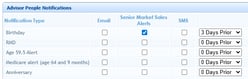 Nextek Virtual Advisor notifications screenshot showing client reminders