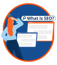 Person looking at a search query of "What is SEO?"