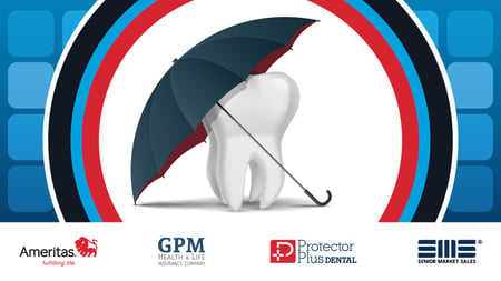 Tooth protected by an umbrella, with dental insurance partner logos below.