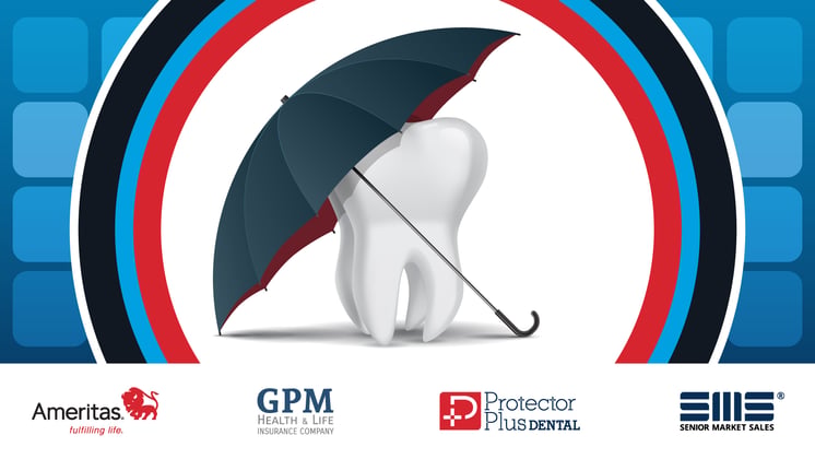 Tooth protected by an umbrella, with dental insurance partner logos below.