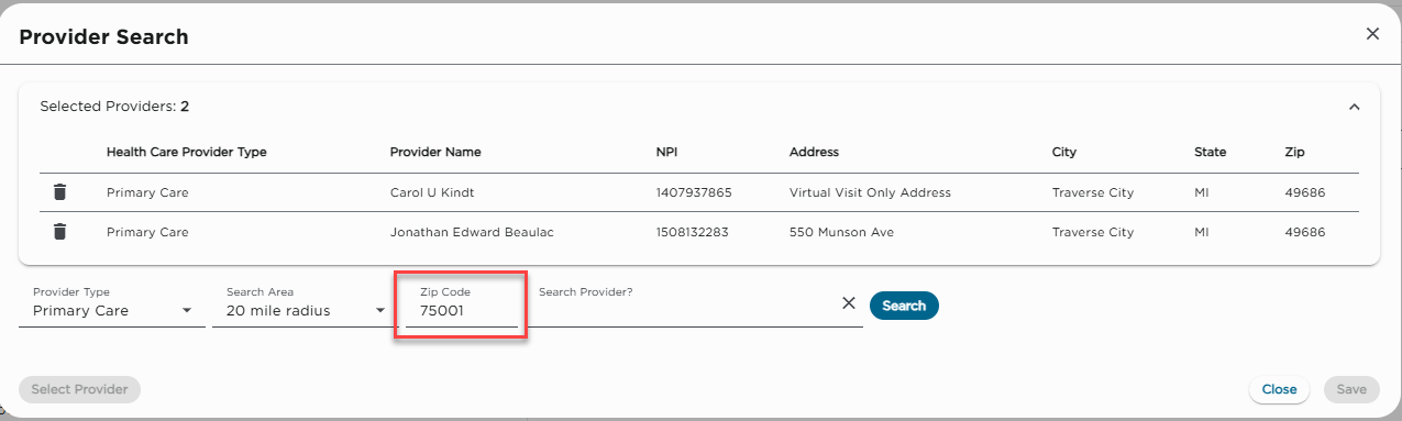 Ability to Change ZIP Code Information on the Provider Search Page