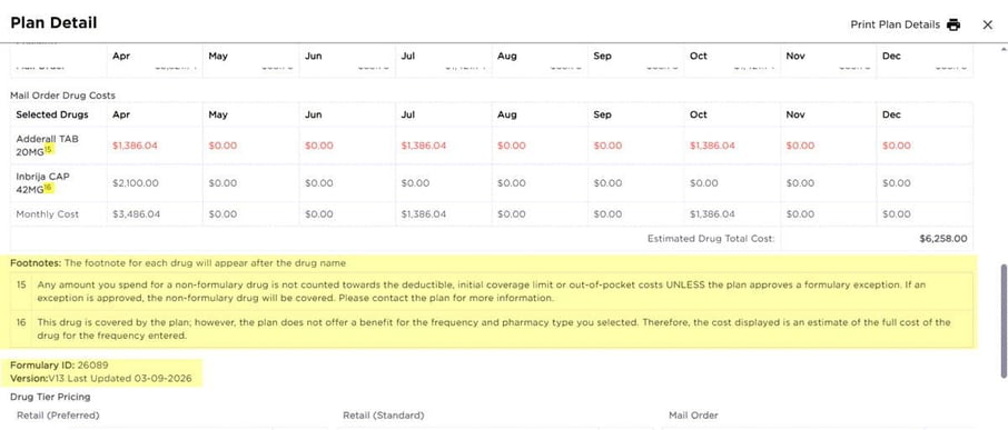 Drug Costs Footnotes screenshot